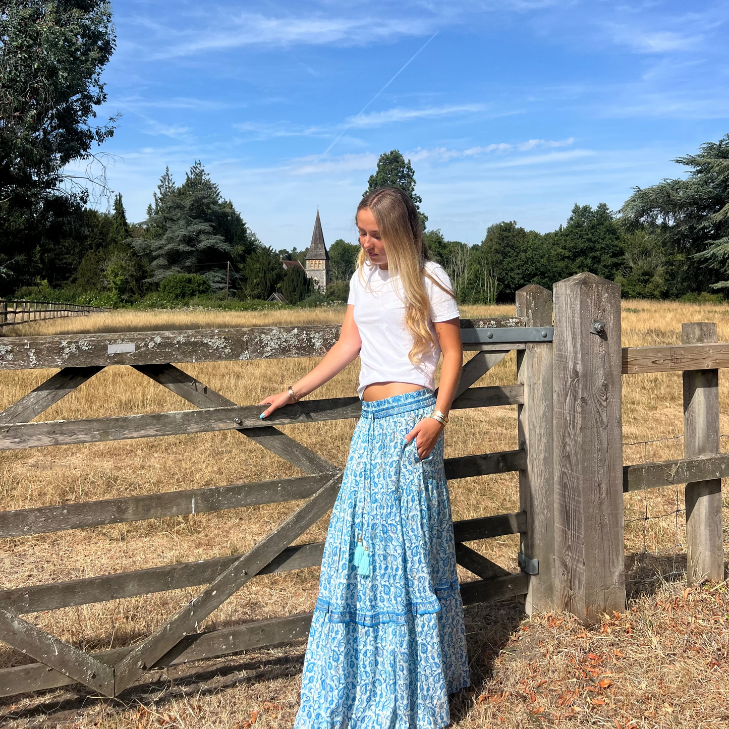 Modal Satin Blue Maxi Skirt