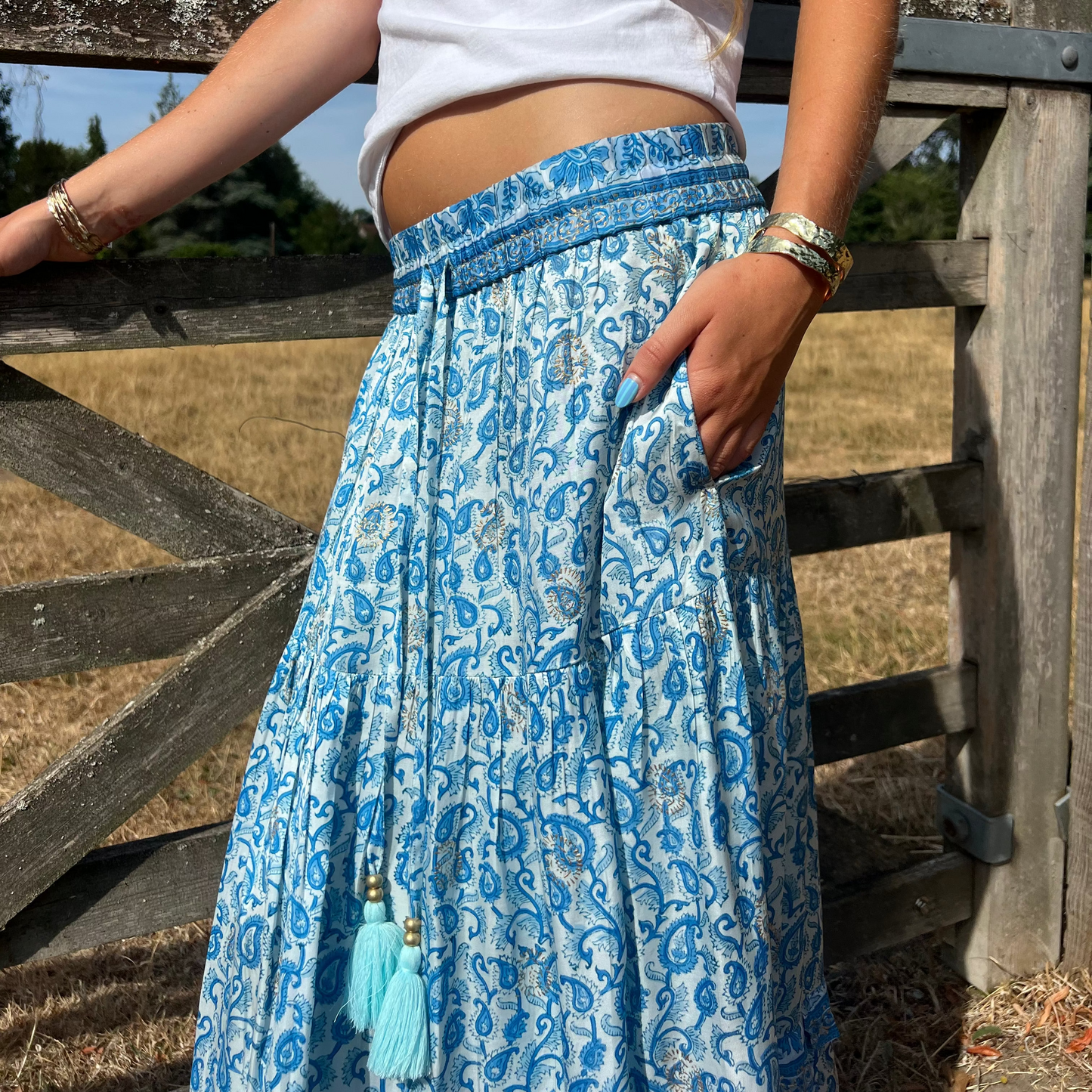 Modal Satin Blue Maxi Skirt